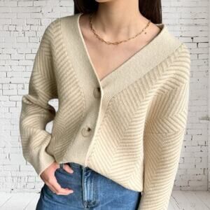 Oak Fort Oversized Cardigan Sweater Sz XS Beige Oatmeal Chunky Knit Herringbone